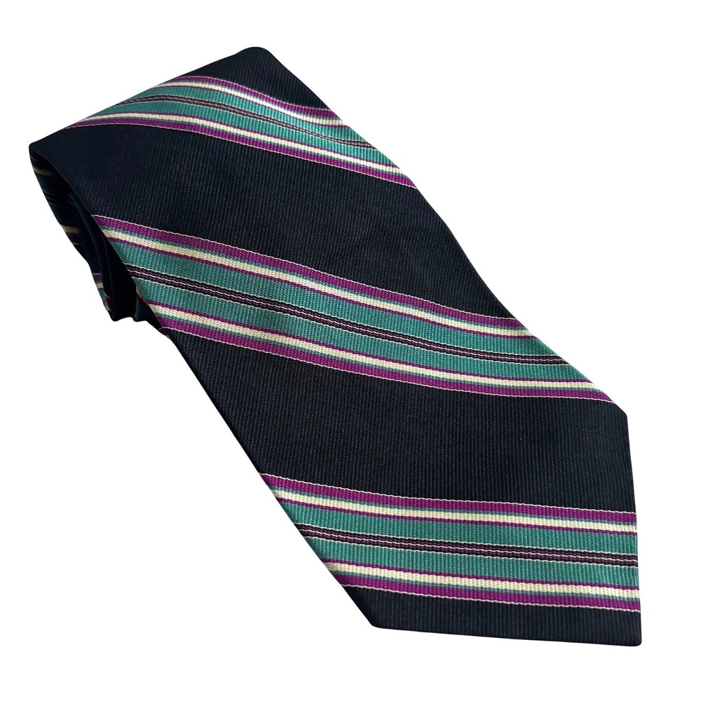 Vtg Polo Ralph Lauren Made in USA Repp Stripe Tie 100% Silk Black Teal Preppy